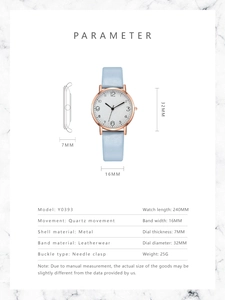 Detailed technical parameters for light blue leather women's quartz watch with dimensions