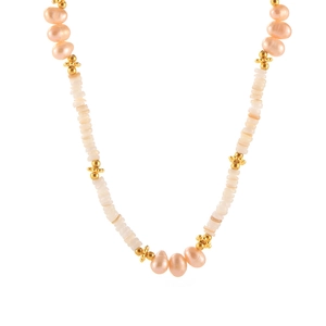 Baroque natural pearl necklace with pink shell beads and 18k gold plated floral accents