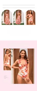 Detailed view of floral one-piece swimsuit with V-neckline and matching beach skirt