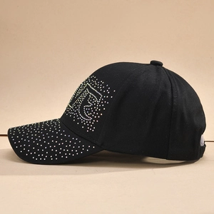 Stylish black baseball cap featuring colorful rhinestone R-letter design for sun protection