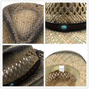 Western style woven straw cowboy hat with turquoise stone and vintage burnt edge finish