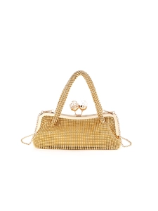 Vintage gold beaded evening clutch bag with sparkling crystal ball clasp and metal chain
