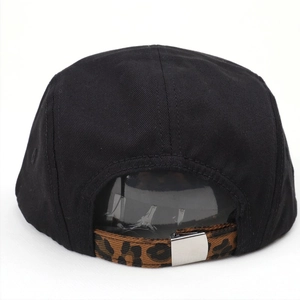5-panel baseball cap with black crown and leopard print adjustable strap detail