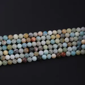 Natural round gemstone beads in amazonite blue and tan colors for DIY jewelry making