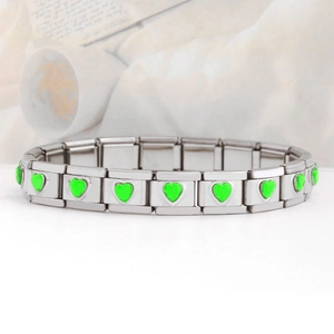 Italian charm bracelet with modular stainless steel links and green enamel heart charms