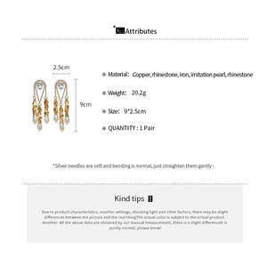 Detailed dimensions and material specs for long pearl tassel drop earrings with crystals