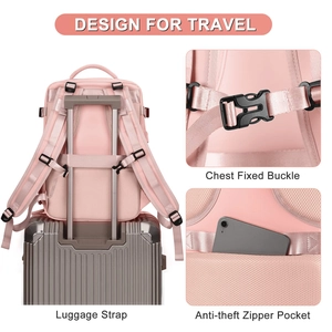 Pink travel backpack showing luggage strap, chest buckle and anti-theft pocket