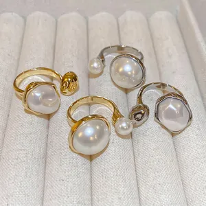 Open Ring Irregular Imitation Artificial Pearl Gold Silver Plated Copper French Style Elegant Adjustable Finger Jewelry For Women