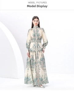 Detail of bohemian floral maxi dress featuring lantern sleeves and a waist belt