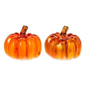 Set of two orange glass pumpkin jars with LED glowing effect for Halloween table decor