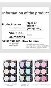 Detailed chart of mermaid glitter eye gel sets with six sparkling colors and application guide