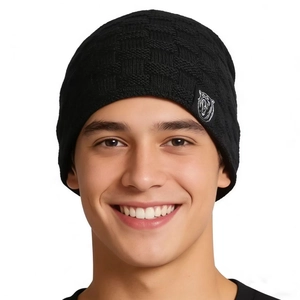 Winter black knit beanie for men and women with warm fleece lining and textured pattern