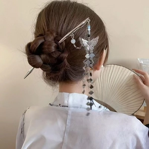 Butterfly Hair Stick Alloy Hollow-out Long Tassel Sequin Chinese Style Traditional Hanfu Hair Accessory For Women Silver