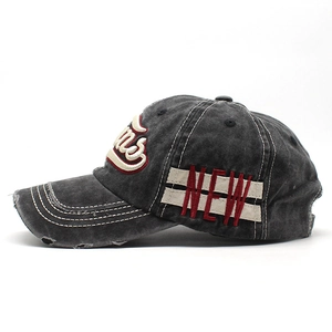 Vintage washed dark grey cotton baseball cap with red 3D embroidery and worn brim