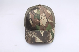Detailed view of camouflage baseball cap featuring breathable mesh back and canvas fabric