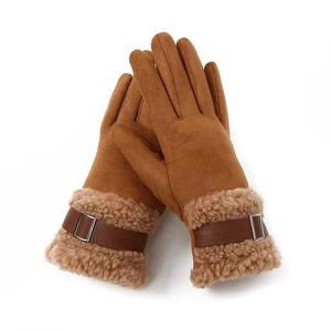 Women's winter warm caramel suede gloves with faux fur trim and decorative buckles