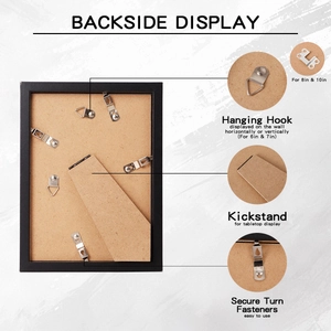 Detail view of the photo frame back with wall hangers, stand, and rotating clips
