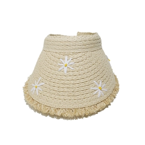 Detail of raffia sun visor with daisy floral appliqués and fringed edge textures