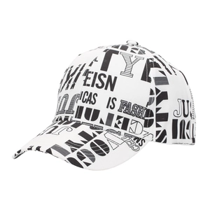 Detail of white baseball cap featuring black all-over letter print and curved brim