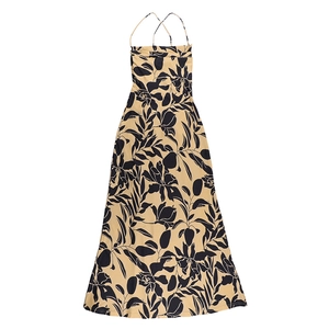 Detail of floral printed beige maxi dress with thin straps and open back design