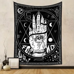 Gothic Occult Tapestry Wall Hanging Polyester Black White Tarot Hand Moon Phases Bohemian Home Decor For Living Room