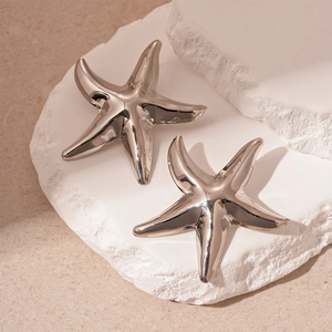 Detailed close-up of silver starfish stud earrings on a textured stone display