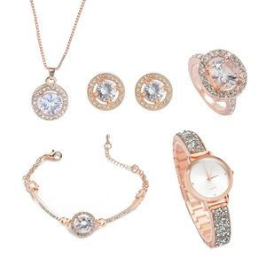 Elegant rose gold 5-piece jewelry set with starry quartz watch and crystal accents