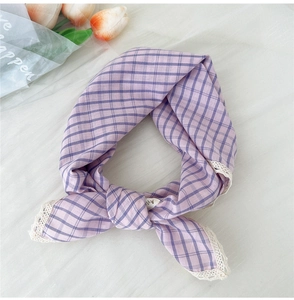 Detailed flat lay of purple plaid cotton linen scarf with elegant lace trim edge