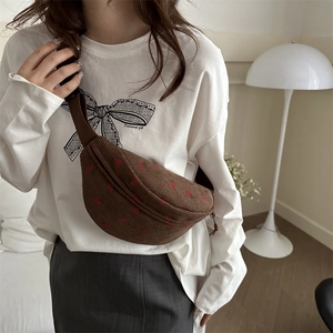Brown corduroy crossbody waist bag with strawberry prints and adjustable shoulder strap
