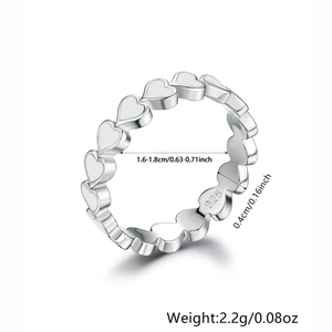 Detail view of 925 sterling silver heart-shaped eternity ring with size measurements