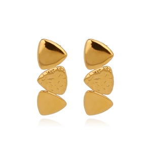 Chic gold-toned layered triple triangle drop earrings with lava texture and polished finish