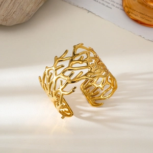Polished 18k gold-plated stainless steel coral branch open cuff bangle for women