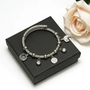 Elegant 18K silver steel cable bracelet featuring crystal and moon dolphin charms