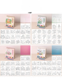 Detail showing portable kids watercolor book set with paints and brush in 4 animal themes
