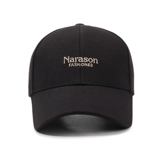 Classic black cotton baseball cap with Narason embroidery in a 45-degree angle view