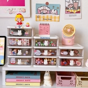 Close-up of stackable desktop organizer drawers with cute rabbit handles and clear panels