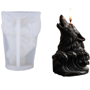 Wolf head and wave silicone mold with finished candle showing intricate fur textures