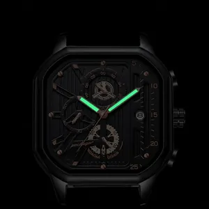 Mens square quartz watch with luminous hands and date display on black background