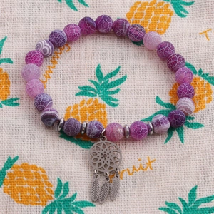 Purple dragon vein agate bead bracelet with stainless steel dreamcatcher feather charm