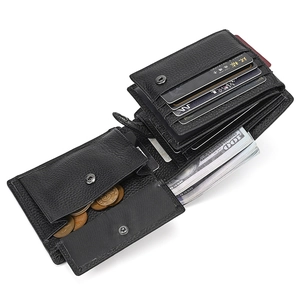 Macro view of genuine leather wallet showing coin pocket, card slots and cash compartment
