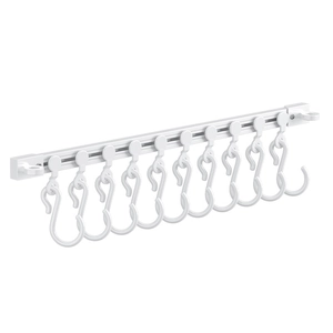 White sliding cabinet track with 11 S-hooks for kitchen utensil storage and organization