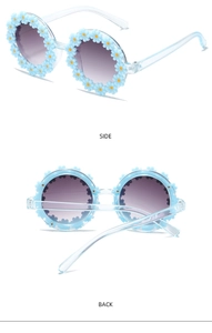 Side and back view of blue flower frame kids sunglasses with gradient lenses
