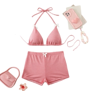Pink and white checkered two-piece bikini set with bow details and square cut swim shorts