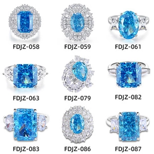 Macro display of nine distinct gemstone ring cuts in sparkling blue zircon and s925 silver