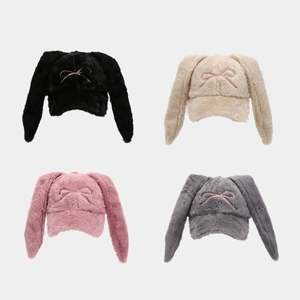 Plush Rabbit Ears Baseball Cap Women Winter Warm Faux Fur Peaked Hat With Bow Embroidery Cute Kawaii Accessory