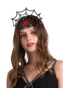 Detailed view of Halloween spider web headband with red rhinestones and central ruby gem
