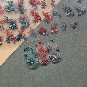 Retro floral embossed 5D nail art stickers in deep green, wine red, and grey tones
