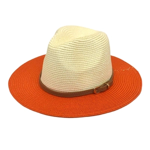 Two-tone straw fedora hat with cream crown and bright orange brim for sun protection