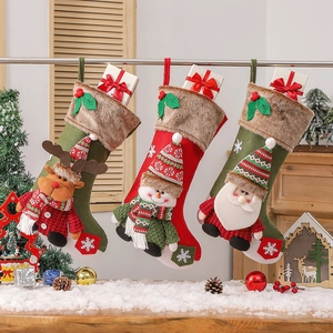 Large Christmas Stocking Faux Fur Knit Fabric 3D Santa Snowman Reindeer Holiday Home Party Decoration Gift Bag