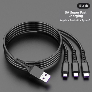 Detail of 3-in-1 nylon braided 5A fast charging cable with Micro-USB, Type-C, and Lightning